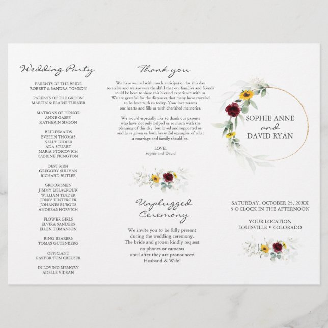 Airy Greenery Sunflowers Burgundy Fall Wedding Flyer (Front)