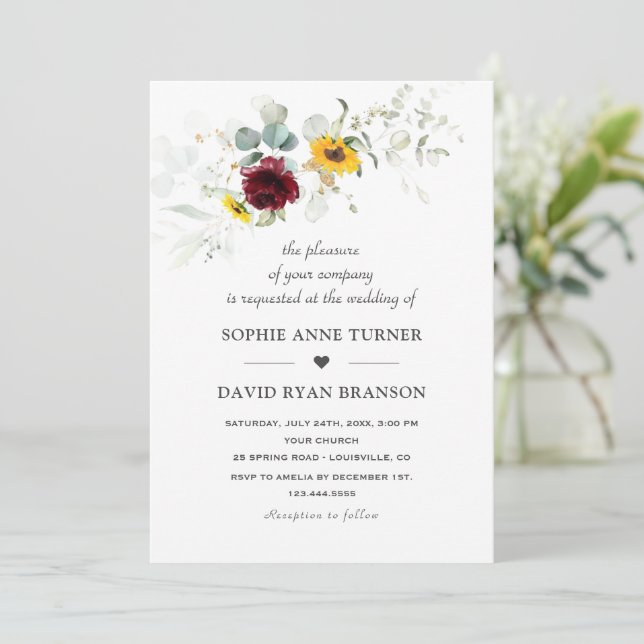 Airy Greenery Sunflowers Burgundy Gold Wedding Invitation (Standing Front)