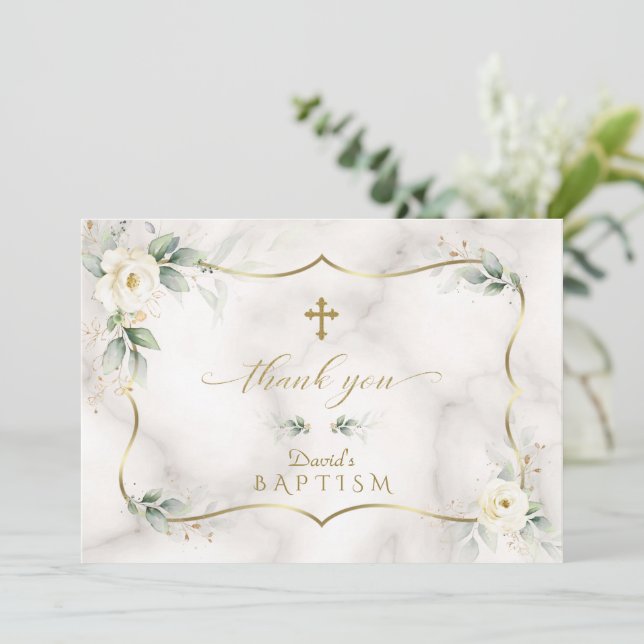 Airy Greenery White Floral Gold Marble Baptism Thank You Card (Standing Front)