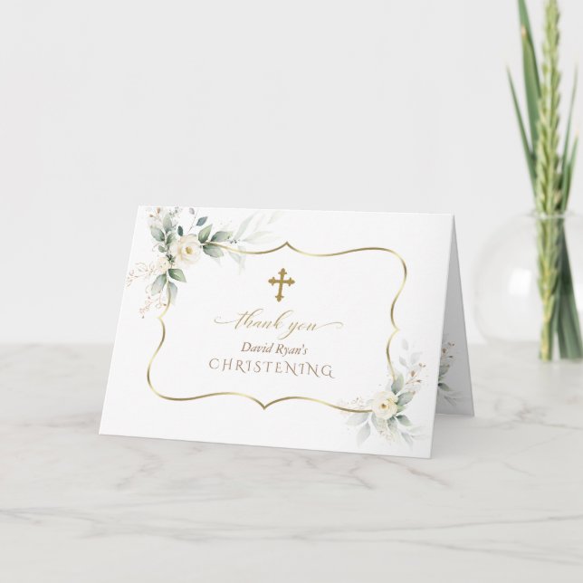 Airy Greenery White Flowers Photo Boy Christening Thank You Card (Front)