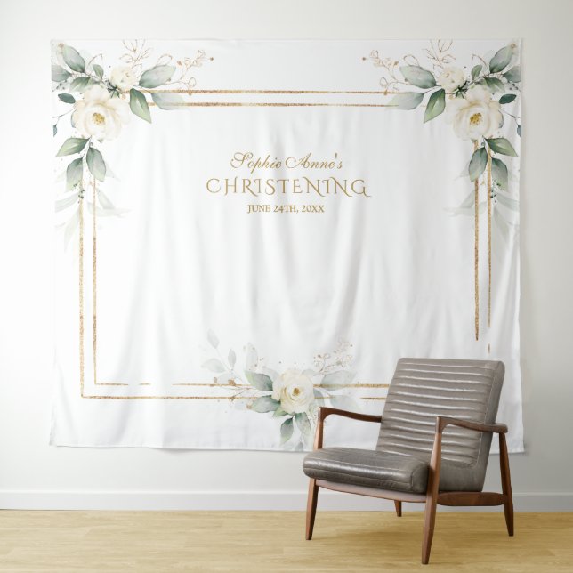 Airy Greenery White Flowers Photo Prop Christening Tapestry (In Situ (Horizontal))