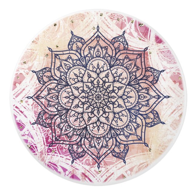 Airy Mandala Happy Pink Purple Yellow Blue & Gold Ceramic Knob (Front)