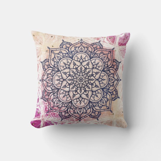 Airy Mandala Happy Pink Purple Yellow Blue & Gold Cushion (Front)