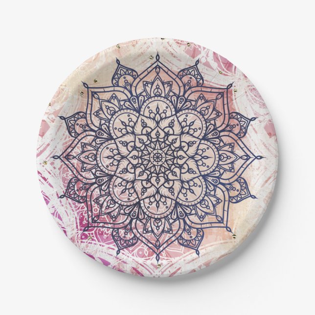 Airy Mandala Happy Pink Purple Yellow Blue & Gold Paper Plate (Front)