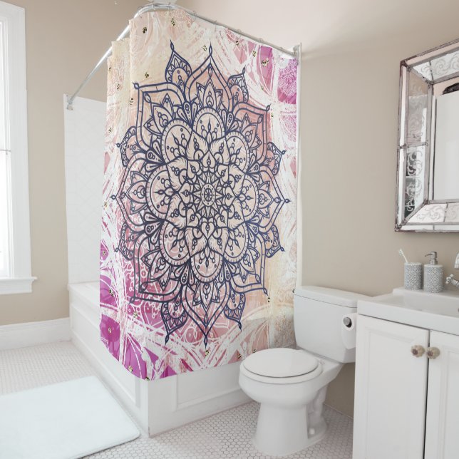 Airy Mandala Happy Pink Purple Yellow Blue & Gold Shower Curtain (In Situ)