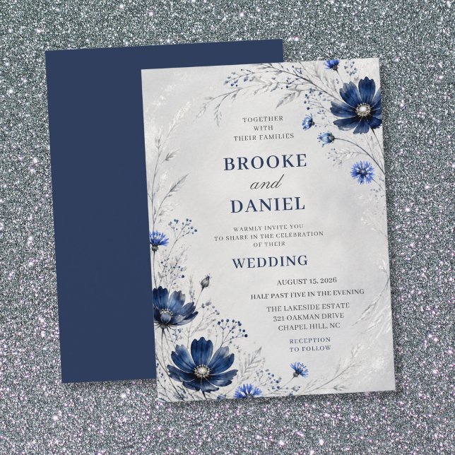 Airy Navy Cosmos Wildflower Silver Wedding Invitation (Creator Uploaded)