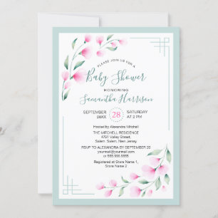 Airy Pink Green Mint Watercolor Floral Baby Shower Invitation