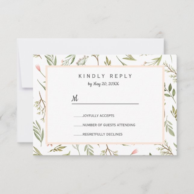 Airy pink meadow botanical flowers Wedding RSVP Card (Front)