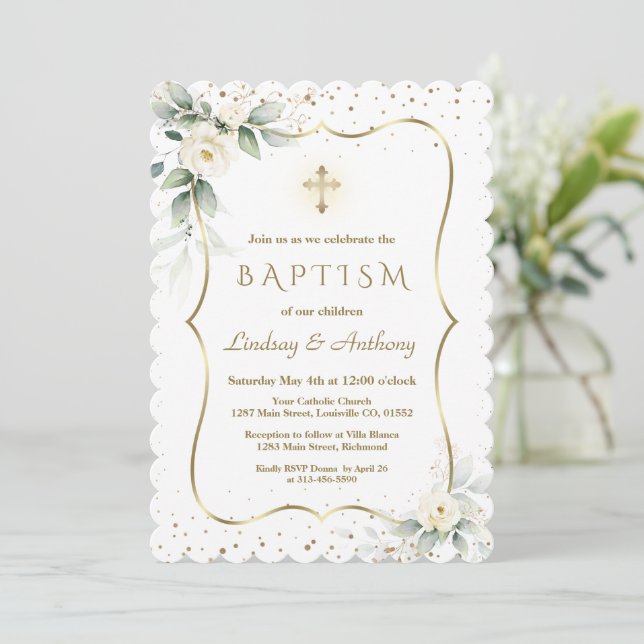 Airy White Flowers Gold Cross Twins Baptism  Invitation (Standing Front)