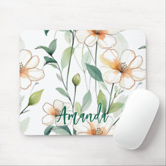 Airy White Flowers Greenery Pattern Blossom Floral Mouse Mat