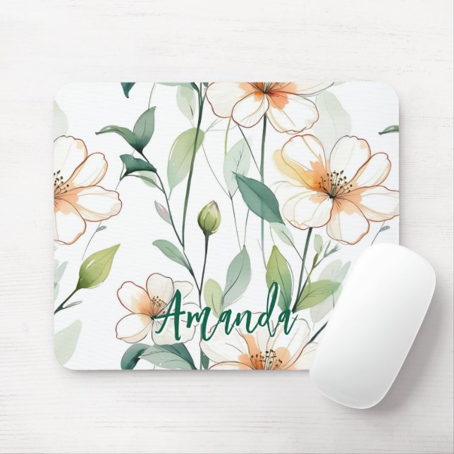 Airy White Flowers Greenery Pattern Blossom Floral Mouse Mat (With Mouse)