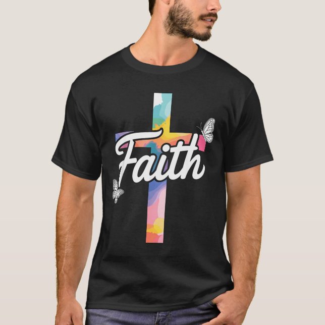 Aith Cross With Butterflies Christian  T-Shirt (Front)