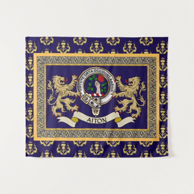 Aiton Clan Badge Personalised Blue Tapestry (Front (Horizontal))