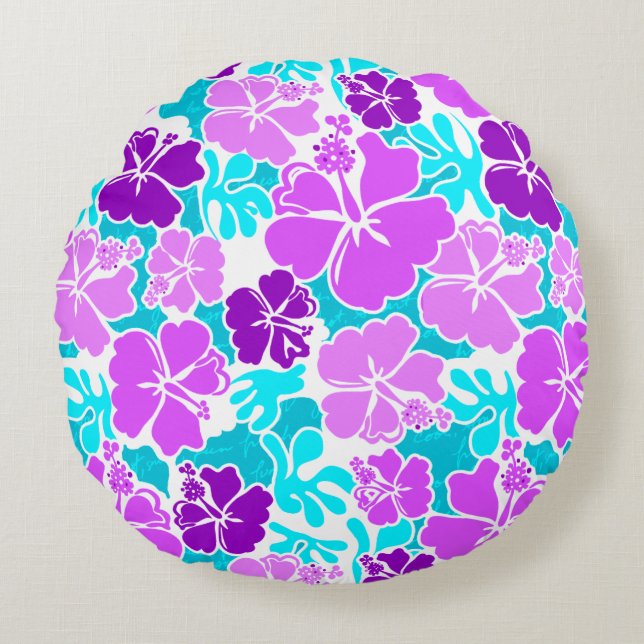 Akahai Hawaiian Hibiscus Tropical Floral Round Cushion (Front)