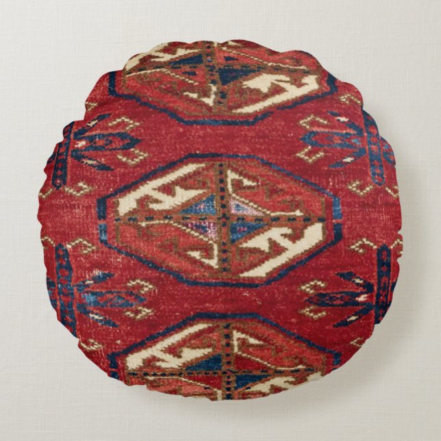 Akhal Oasis Red Stars Blue Star Medallion  Round Cushion (Front)