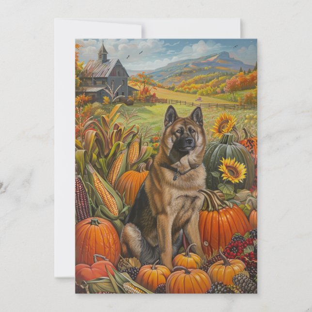 Akita Autumn Harvest Thanksgiving Dog Holiday Card (Front)