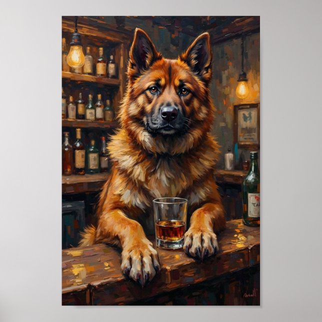 Akita Bar Art, Funny Dog Drinking Wall Art (Front)