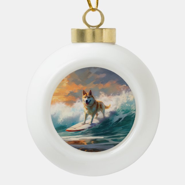 Akita Beach Surfing Painting Ceramic Ball Christmas Ornament (Front)