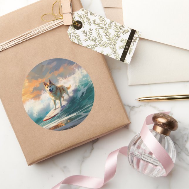 Akita Beach Surfing Painting Classic Round Sticker (Gifting)