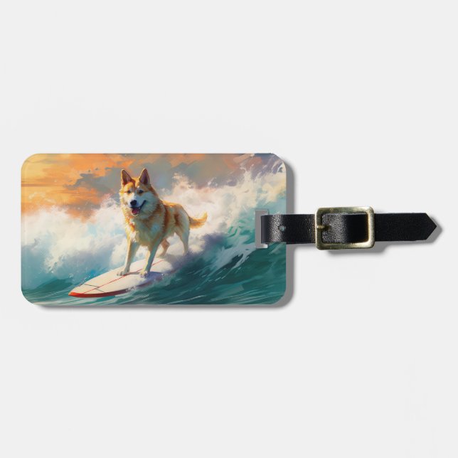 Akita Beach Surfing Painting Luggage Tag (Front Horizontal)