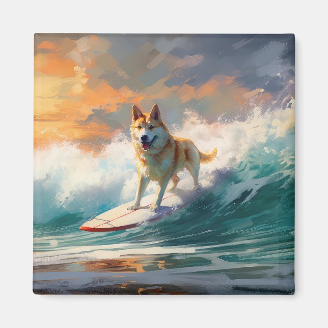 Akita Beach Surfing Painting Magnet (Front)