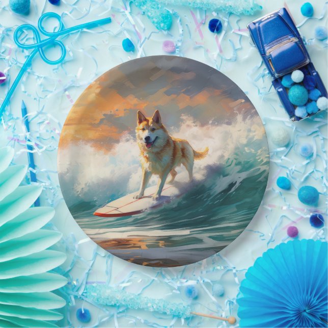 Akita Beach Surfing Painting Paper Plate (Party)