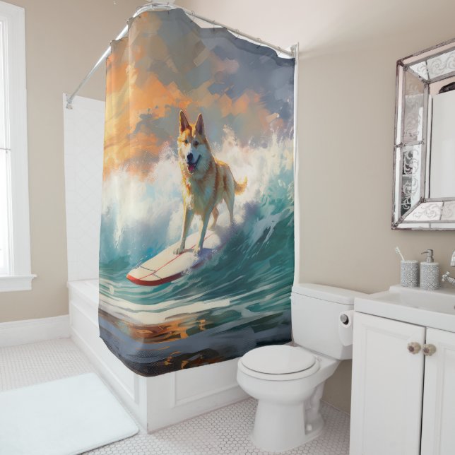 Akita Beach Surfing Painting Shower Curtain (In Situ)