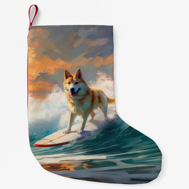 Akita Beach Surfing Painting Small Christmas Stocking (Front)