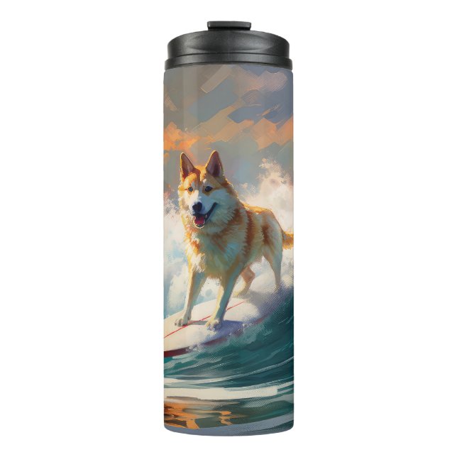 Akita Beach Surfing Painting Thermal Tumbler (Front)