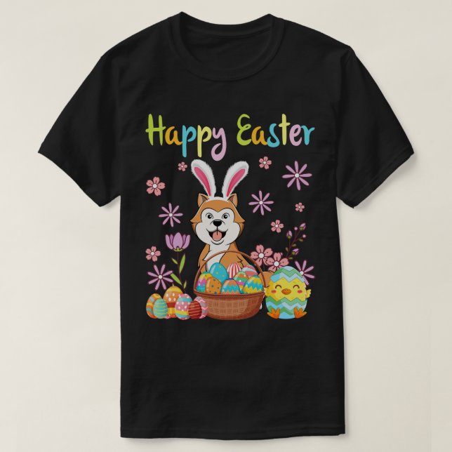 Akita Bunny Dog Dancing Flower Eggs Chick Happy Ea T-Shirt (Design Front)