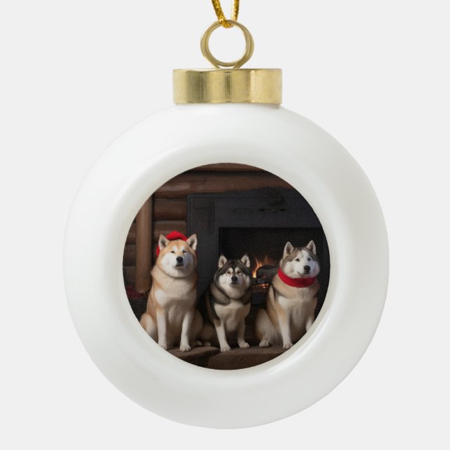 Akita by the Fireplace Christmas  Ceramic Ball Christmas Ornament (Front)