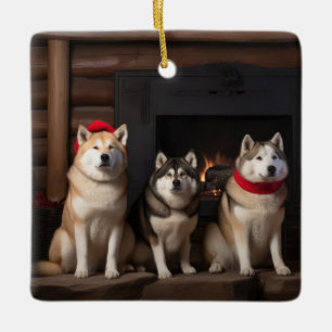 Akita by the Fireplace Christmas Ceramic Ornament