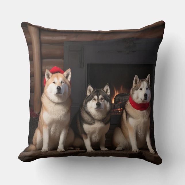 Akita by the Fireplace Christmas  Cushion (Front)