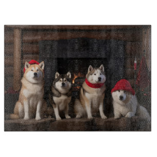 Akita by the Fireplace Christmas Cutting Board
