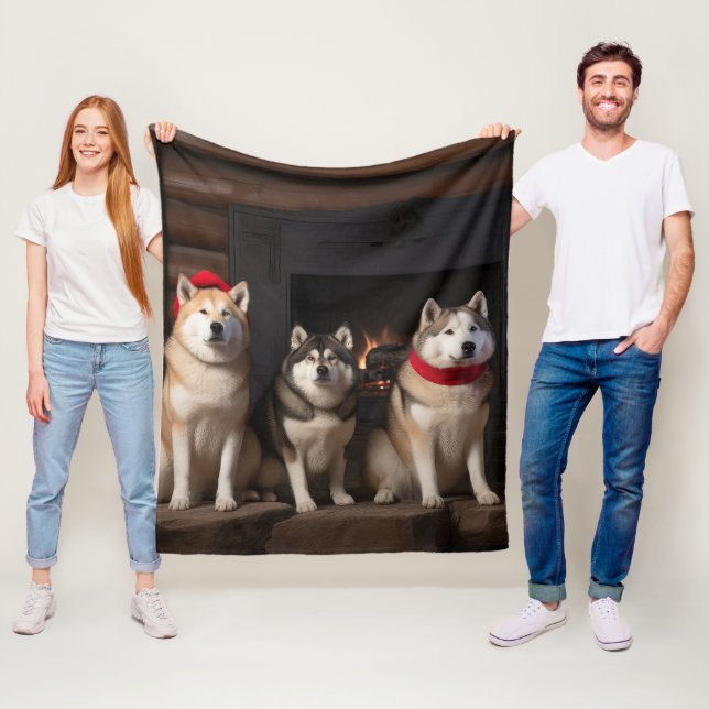 Akita by the Fireplace Christmas  Fleece Blanket (In Situ)