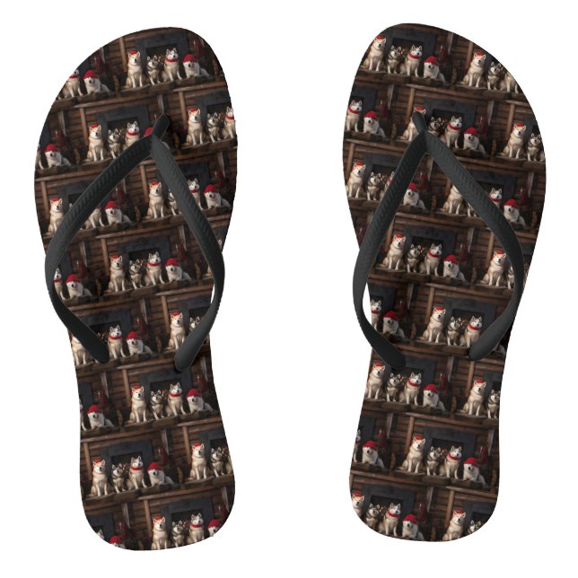 Akita by the Fireplace Christmas  Flip Flops (Footbed)