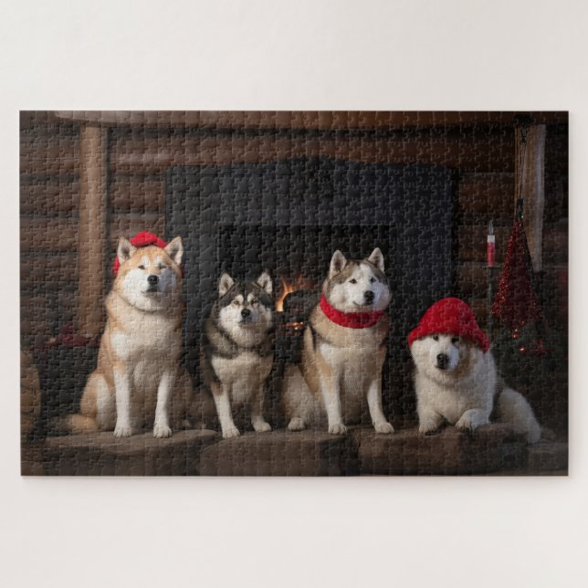 Akita by the Fireplace Christmas  Jigsaw Puzzle (Horizontal)