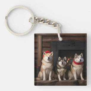 Akita by the Fireplace Christmas Key Ring