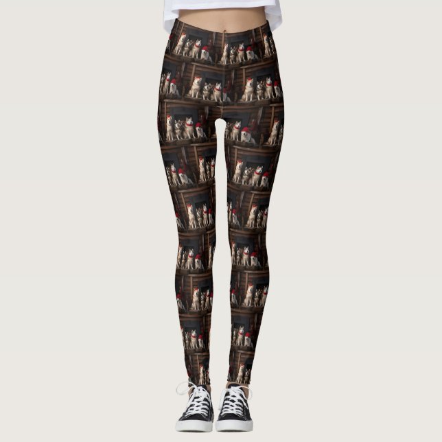 Akita by the Fireplace Christmas  Leggings (Front)