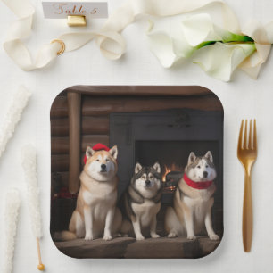 Akita by the Fireplace Christmas Paper Plate