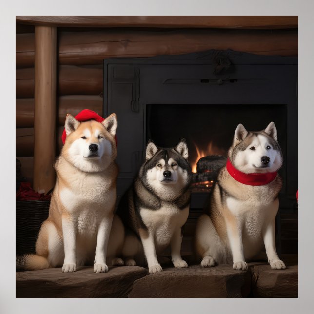 Akita by the Fireplace Christmas  Poster (Front)