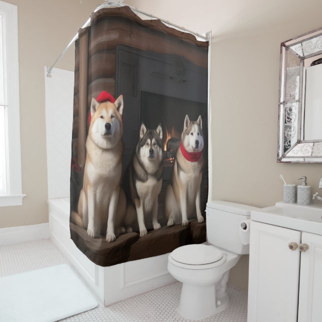 Akita by the Fireplace Christmas  Shower Curtain (In Situ)
