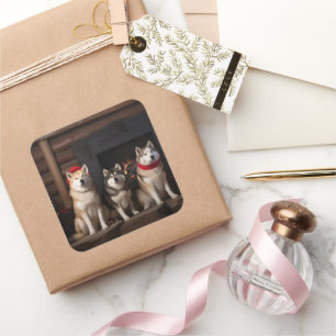 Akita by the Fireplace Christmas  Square Sticker