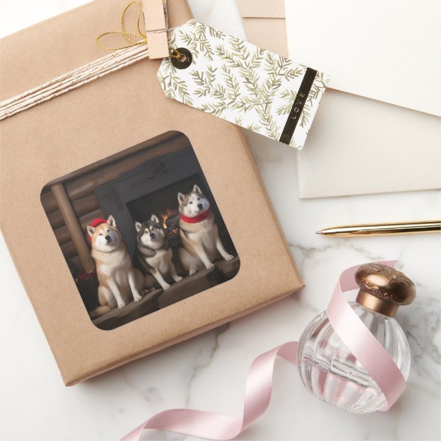 Akita by the Fireplace Christmas  Square Sticker (Gifting)