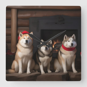 Akita by the Fireplace Christmas  Square Wall Clock