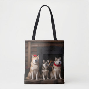 Akita by the Fireplace Christmas  Tote Bag