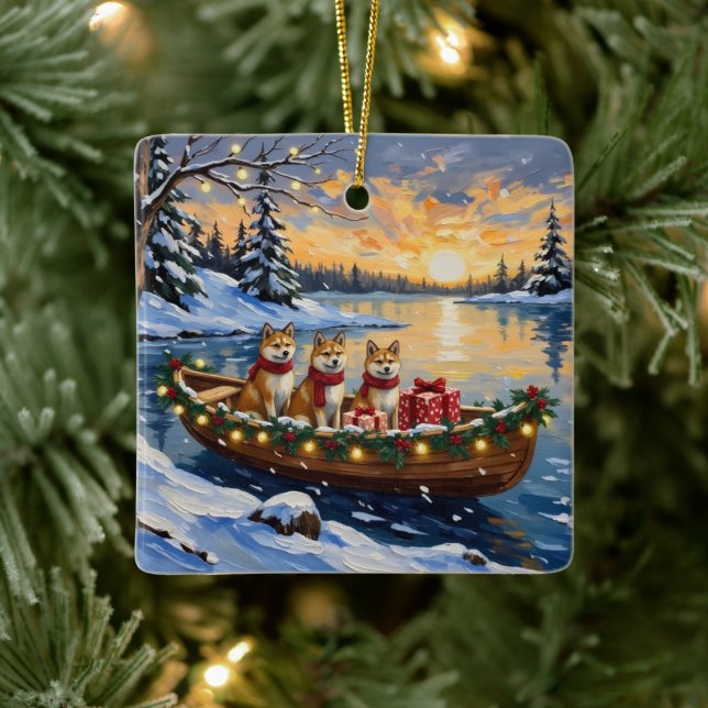 Akita Christmas Boat Holiday Ceramic Ornament (Tree)