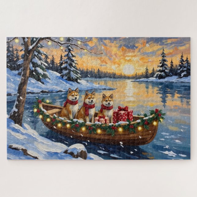 Akita Christmas Boat Holiday Jigsaw Puzzle (Horizontal)