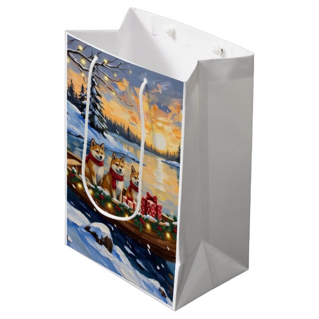 Akita Christmas Boat Holiday Medium Gift Bag (Front Angled)