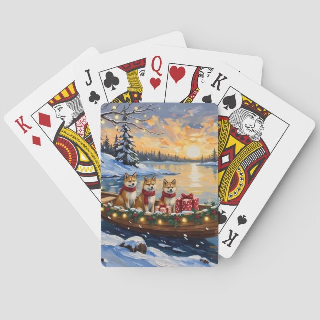 Akita Christmas Boat Holiday Playing Cards (Back)